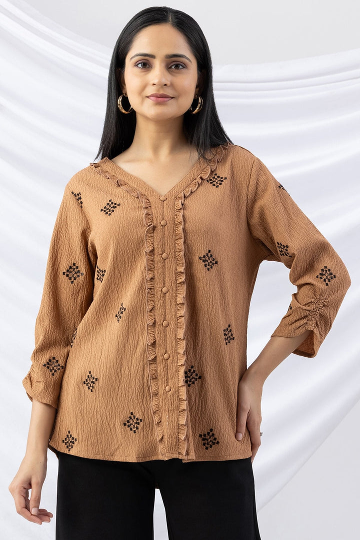 Aztec Gold Embroidered Crepe Top with 3/4 Sleeves