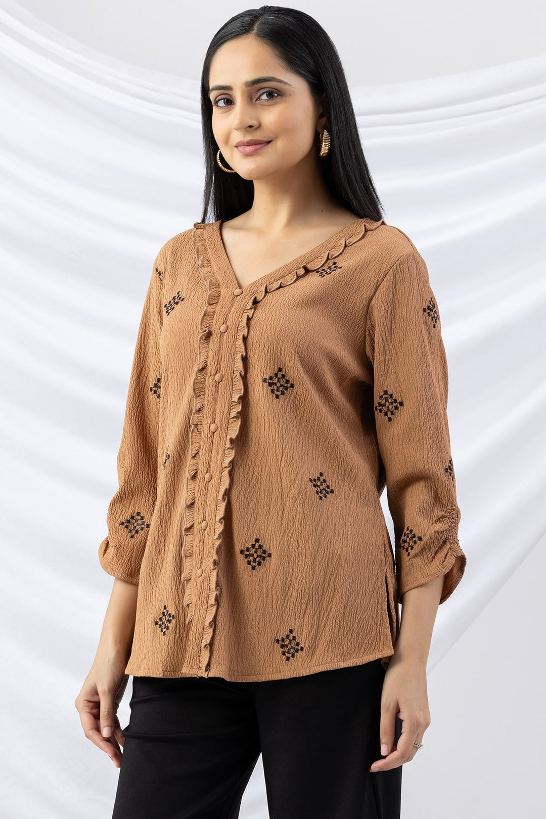 Aztec Gold Embroidered Crepe Top with 3/4 Sleeves