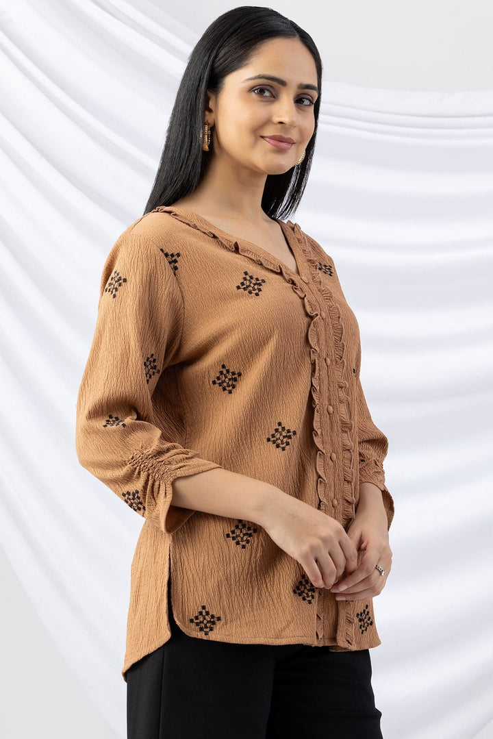 Aztec Gold Embroidered Crepe Top with 3/4 Sleeves
