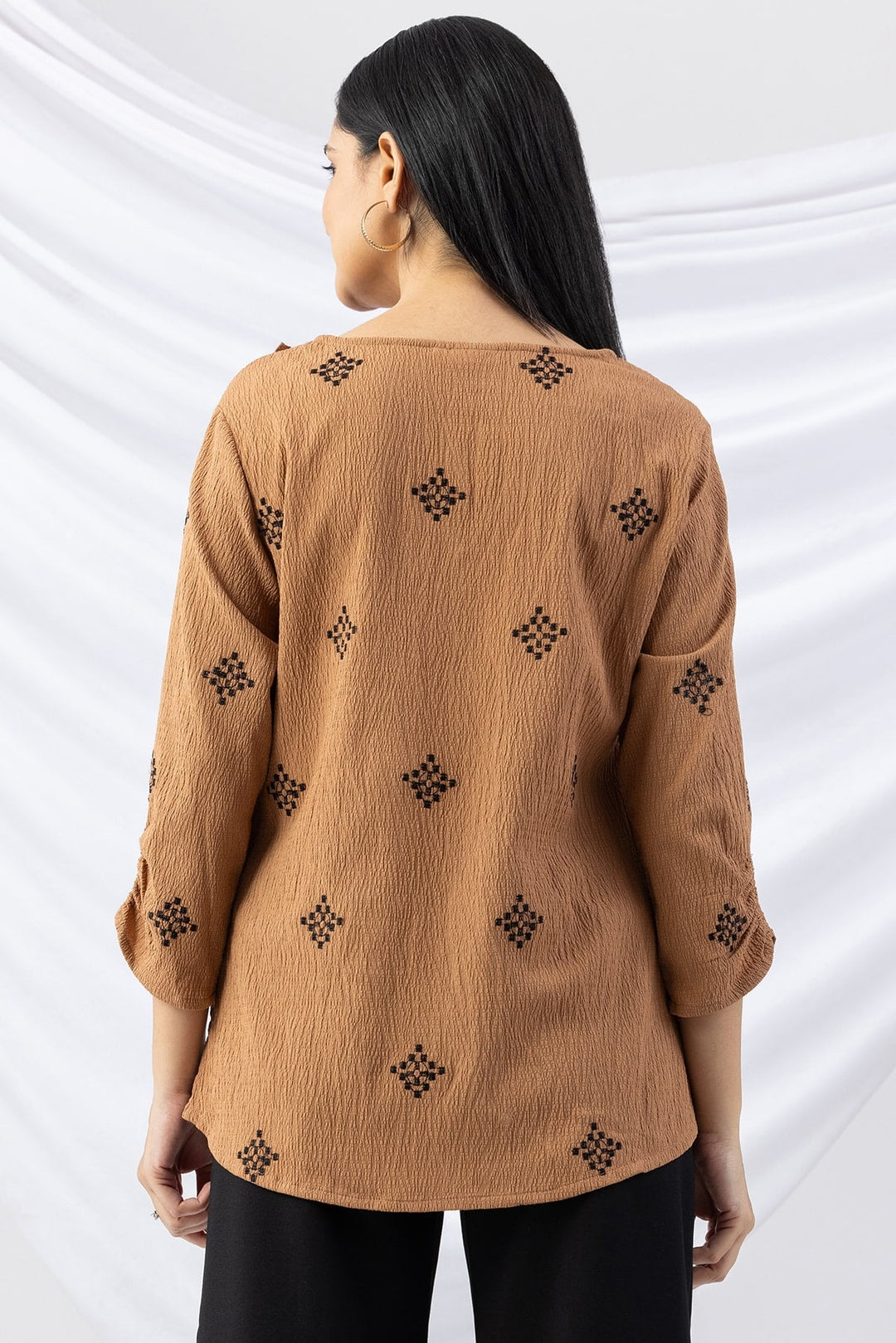 Aztec Gold Embroidered Crepe Top with 3/4 Sleeves