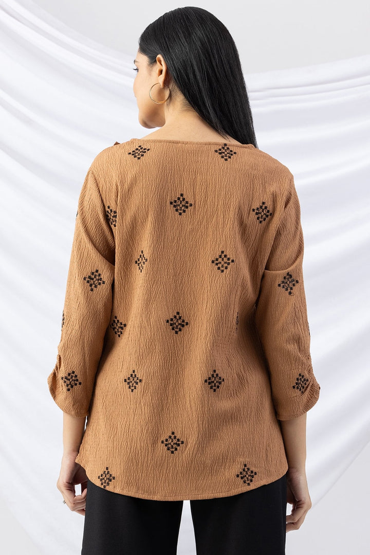 Aztec Gold Embroidered Crepe Top with 3/4 Sleeves
