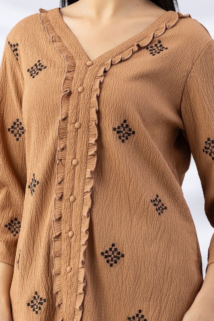 Aztec Gold Embroidered Crepe Top with 3/4 Sleeves