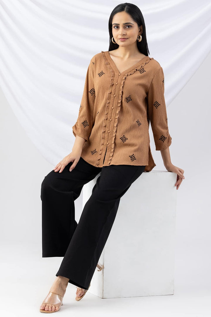 Aztec Gold Embroidered Crepe Top with 3/4 Sleeves