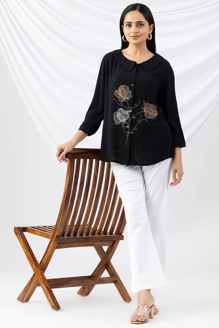 Black Embroidered Viscose Crepe Shirt with Collar &amp; 3/4th Sleeves