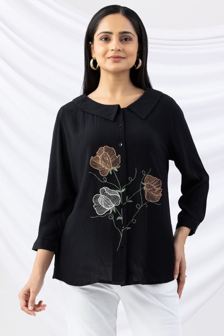 Black Embroidered Viscose Crepe Shirt with Collar &amp; 3/4th Sleeves