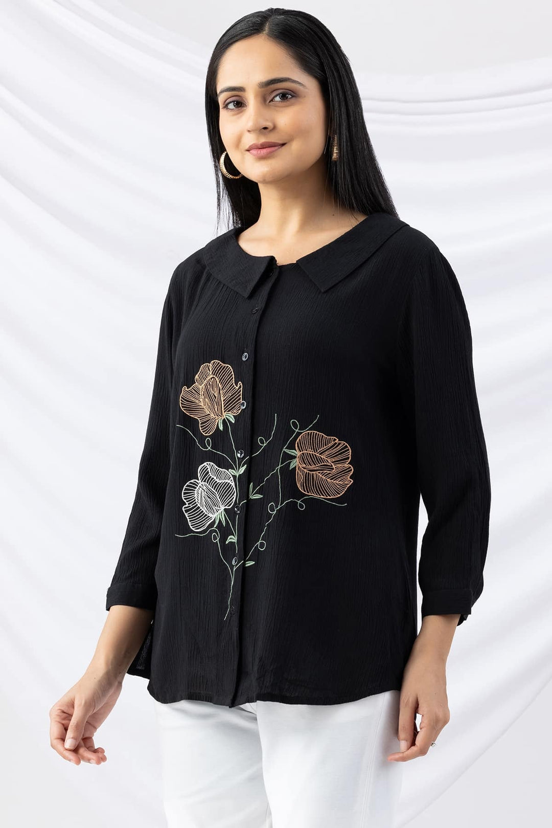 Black Embroidered Viscose Crepe Shirt with Collar &amp; 3/4th Sleeves