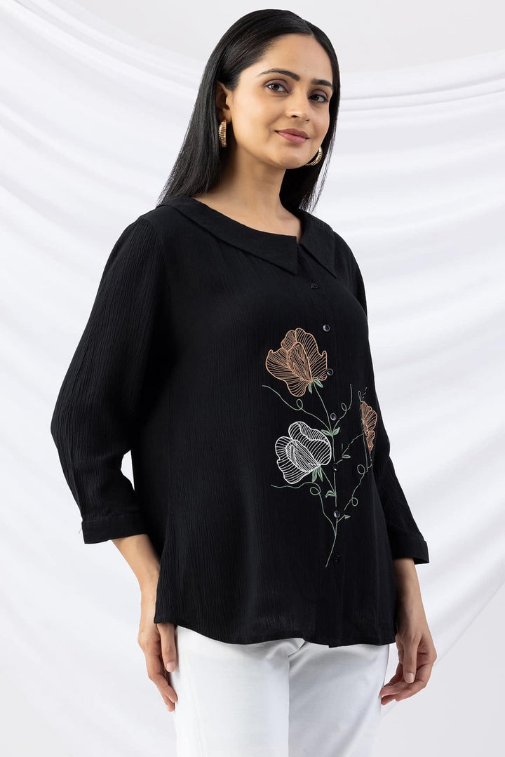 Black Embroidered Viscose Crepe Shirt with Collar &amp; 3/4th Sleeves