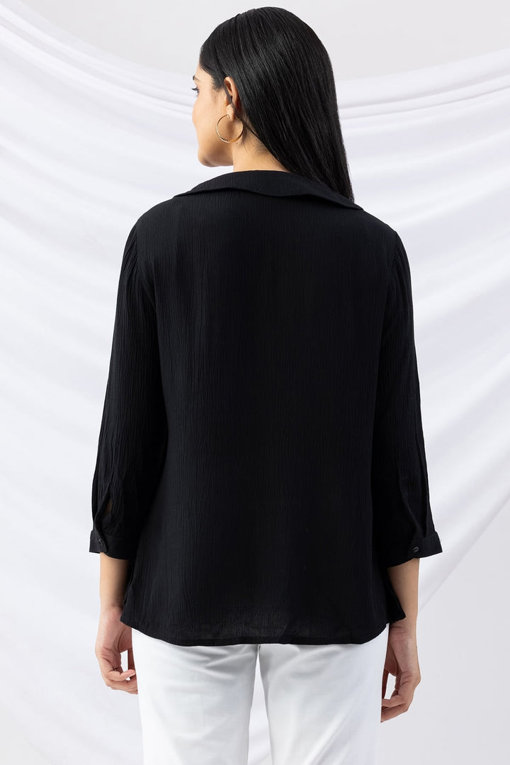Black Embroidered Viscose Crepe Shirt with Collar &amp; 3/4th Sleeves