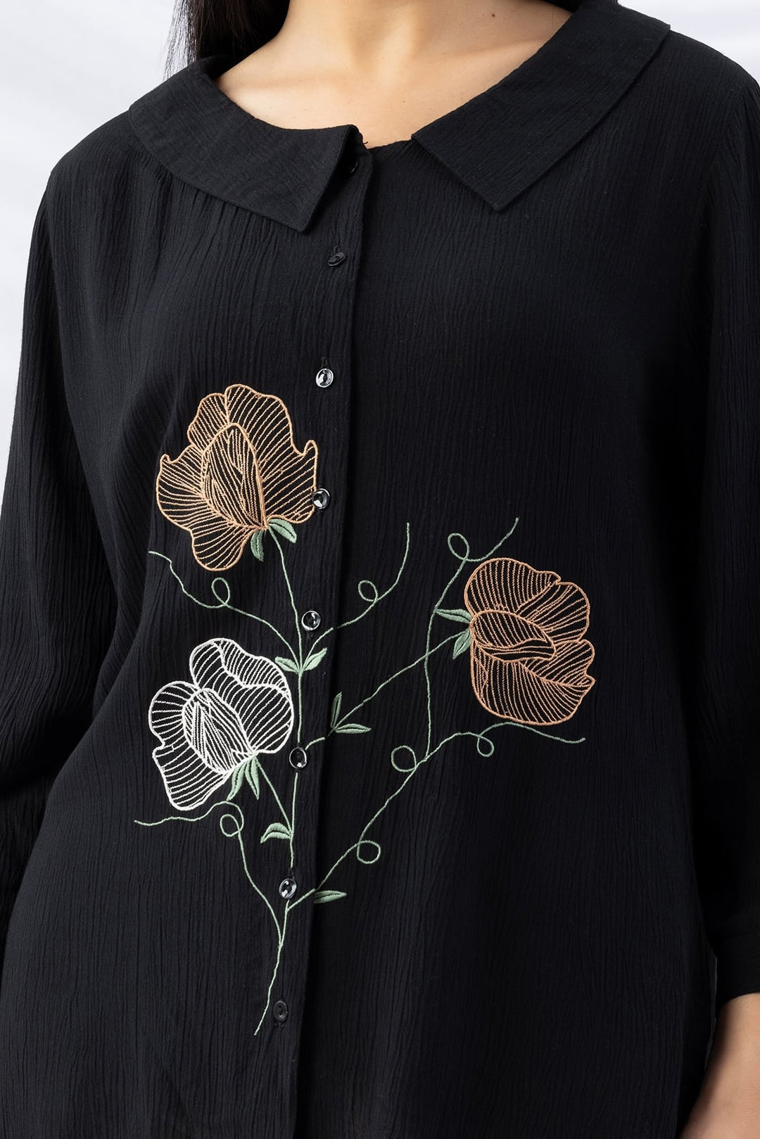 Black Embroidered Viscose Crepe Shirt with Collar &amp; 3/4th Sleeves
