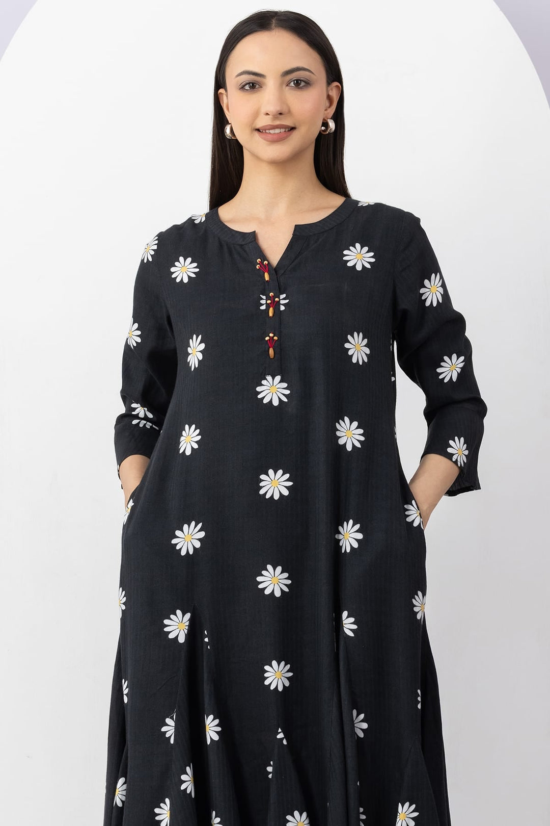 Black Cotton Viscose Dobby Printed Dress with Round Neck