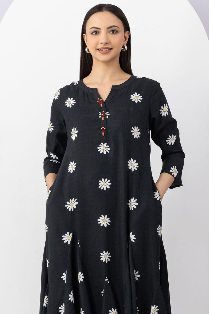 Black Cotton Viscose Dobby Printed Dress with Round Neck