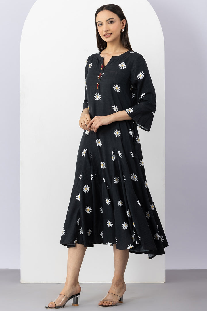 Black Cotton Viscose Dobby Printed Dress with Round Neck