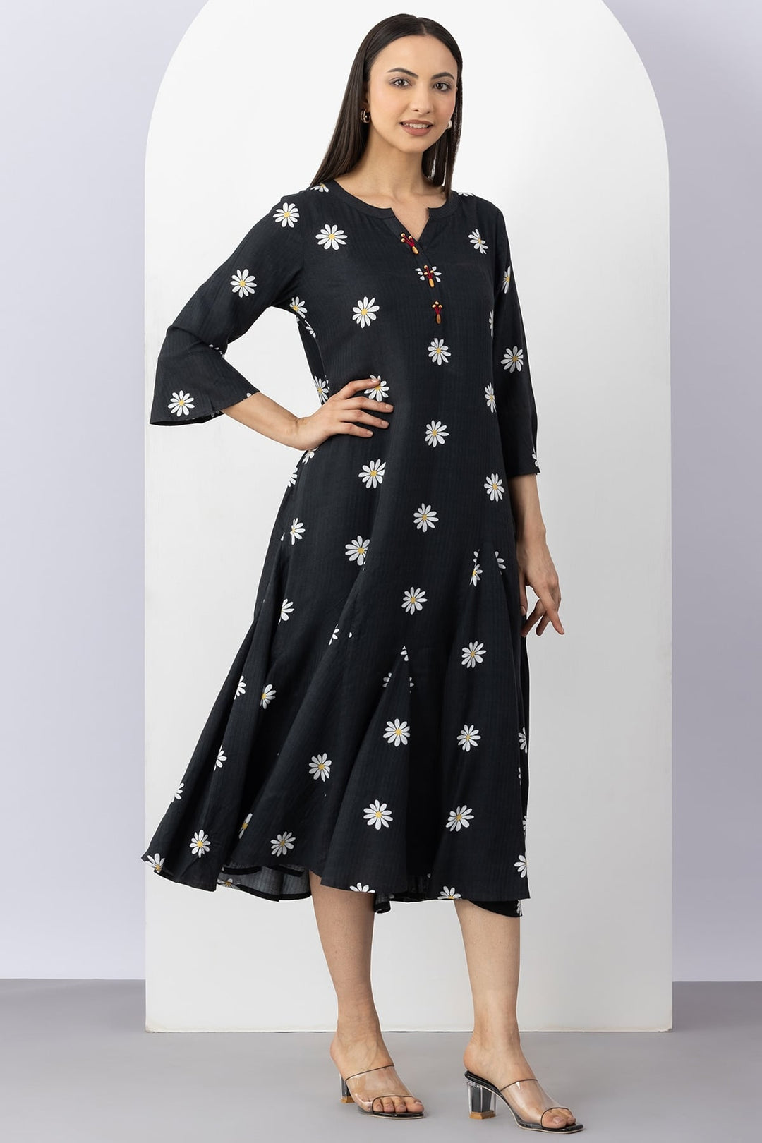 Black Cotton Viscose Dobby Printed Dress with Round Neck