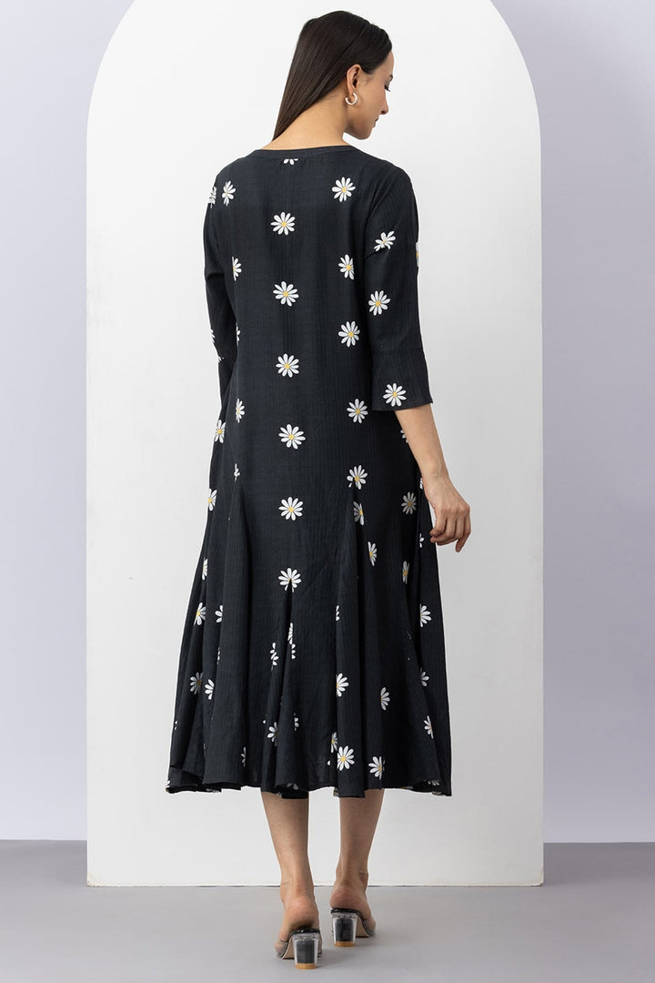 Black Cotton Viscose Dobby Printed Dress with Round Neck
