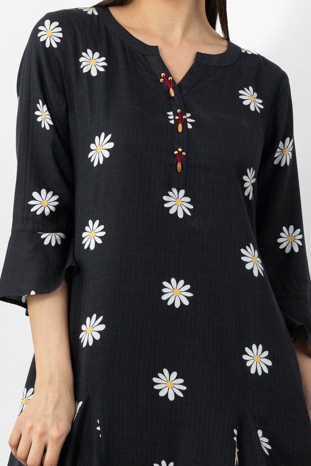 Black Cotton Viscose Dobby Printed Dress with Round Neck