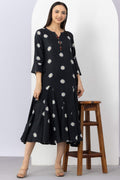 Black Cotton Viscose Dobby Printed Dress with Round Neck