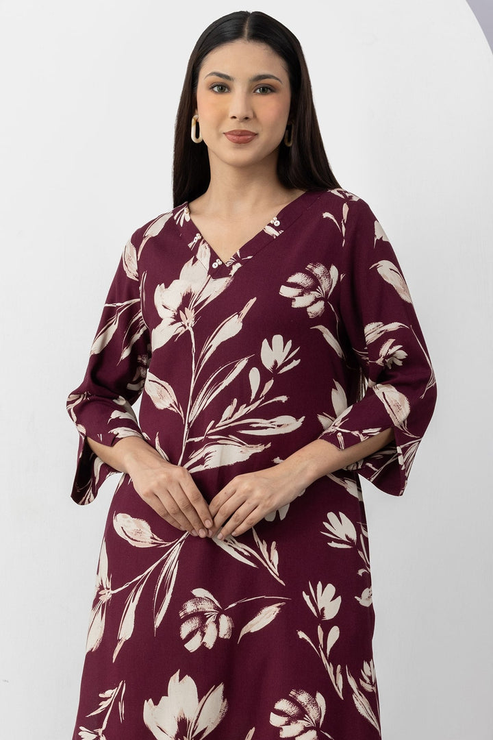 Plum Viscose Printed Kurti with V Neck