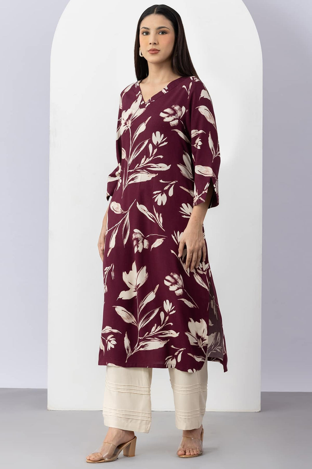 Plum Viscose Printed Kurti with V Neck