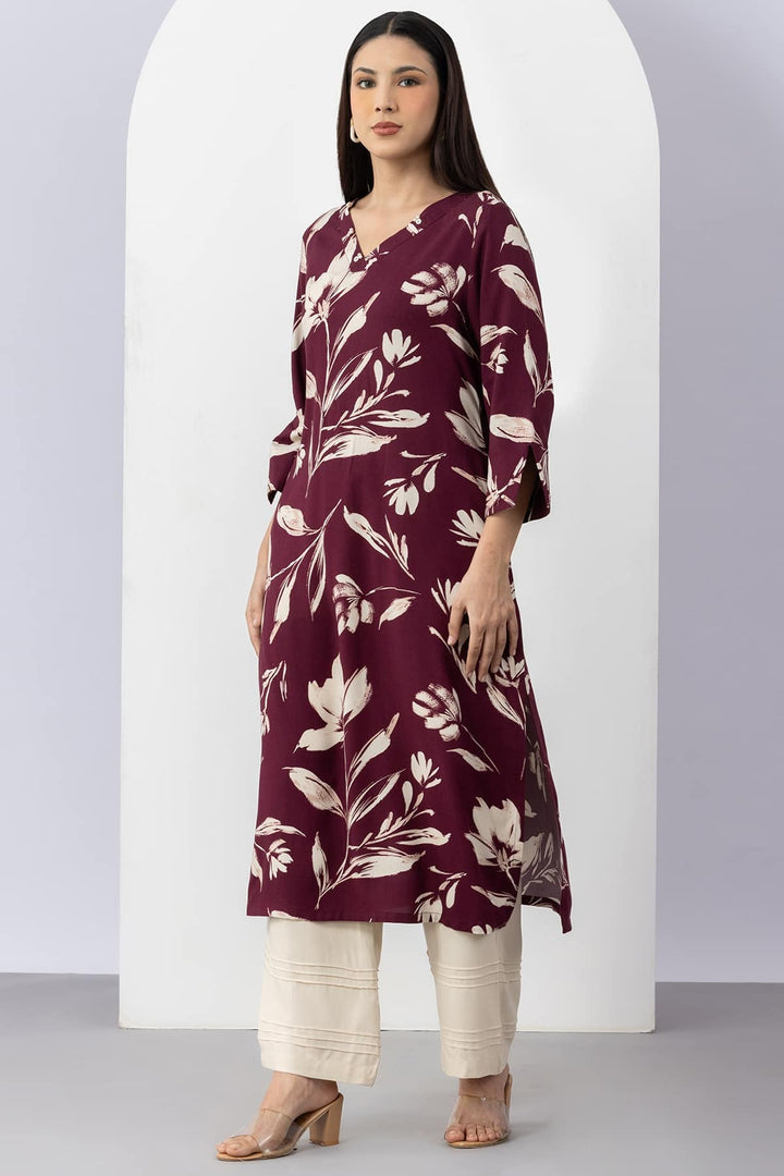 Plum Viscose Printed Kurti with V Neck