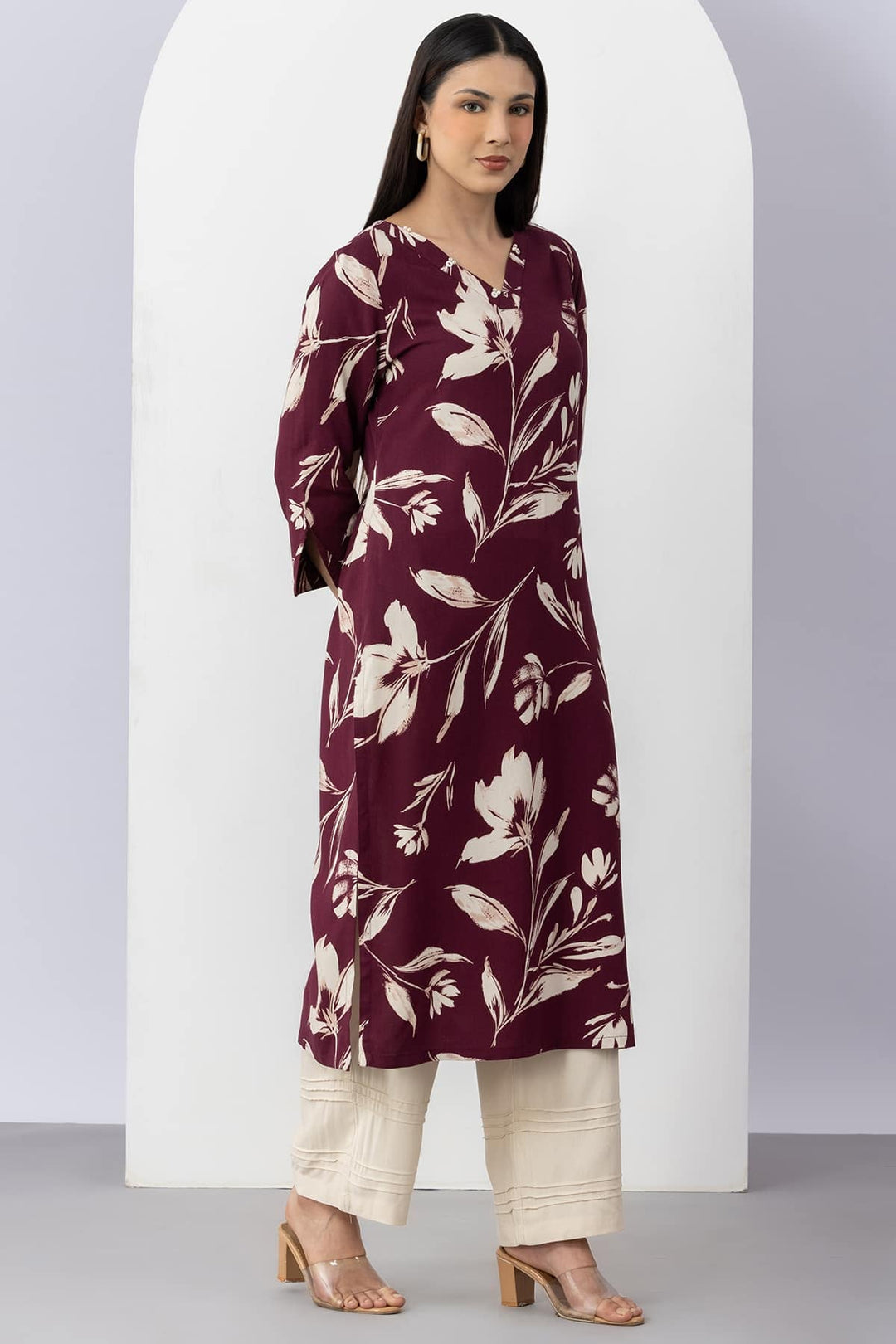 Plum Viscose Printed Kurti with V Neck