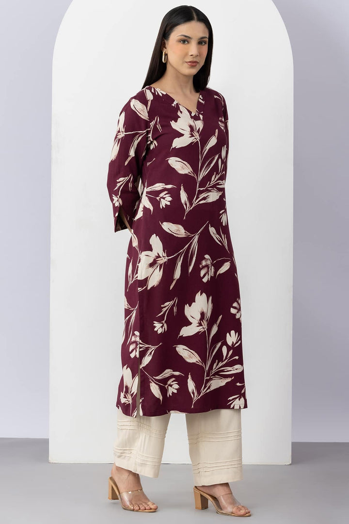 Plum Viscose Printed Kurti with V Neck