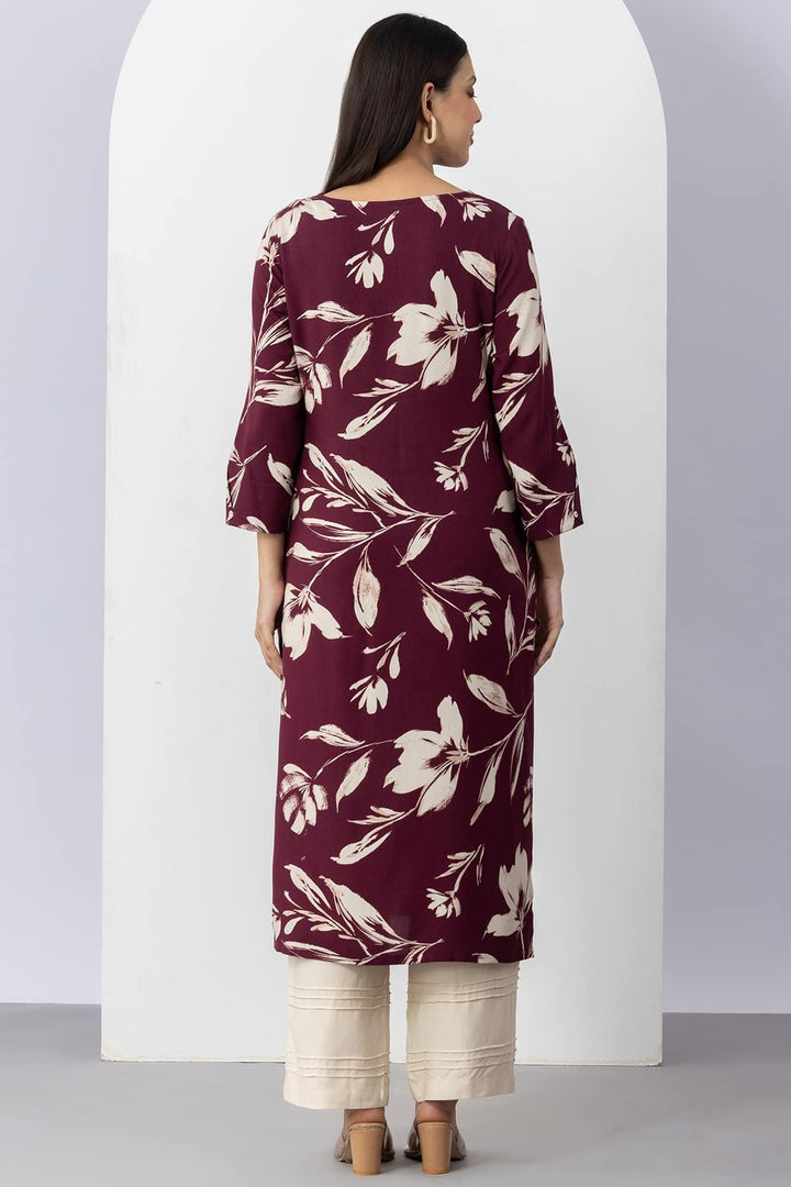 Plum Viscose Printed Kurti with V Neck