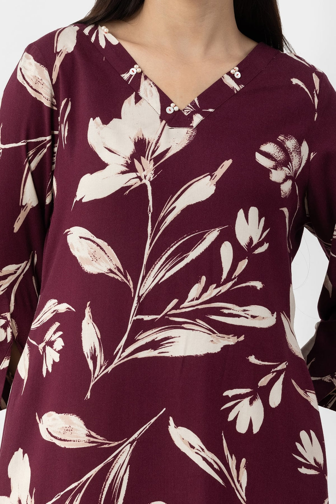 Plum Viscose Printed Kurti with V Neck