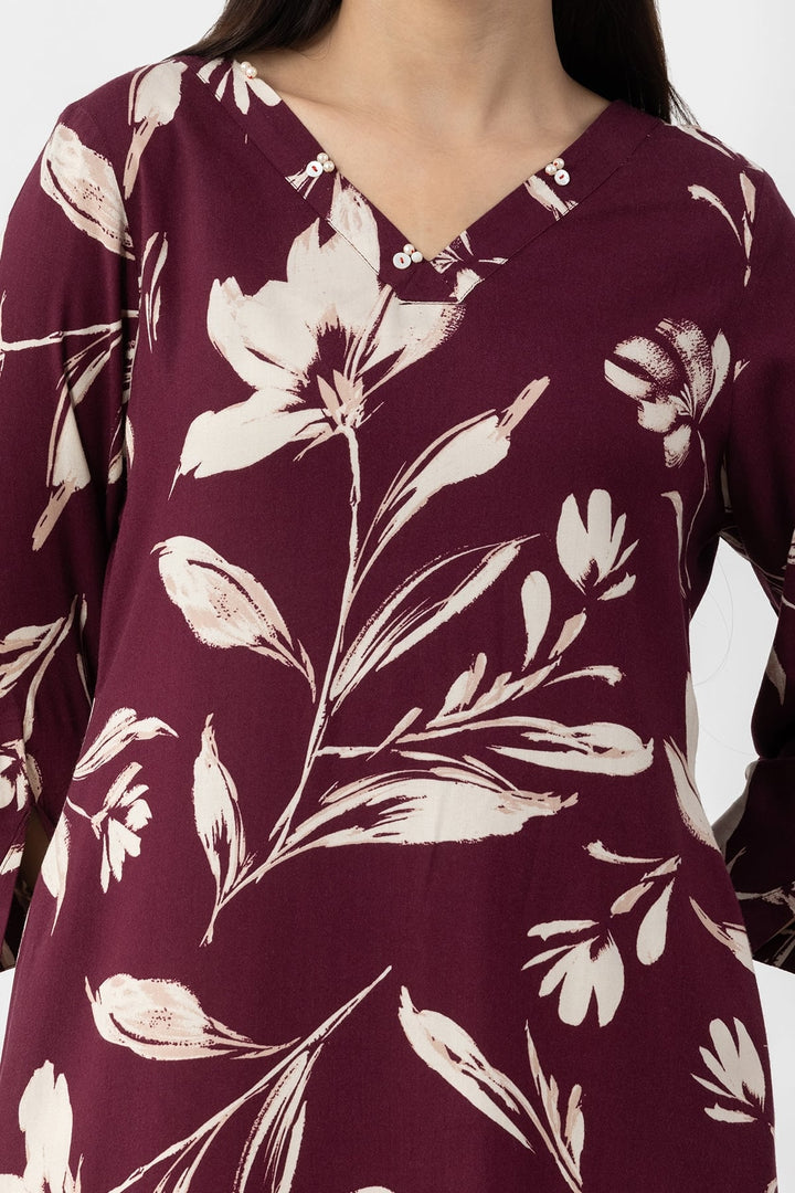 Plum Viscose Printed Kurti with V Neck