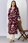 Plum Viscose Printed Kurti with V Neck