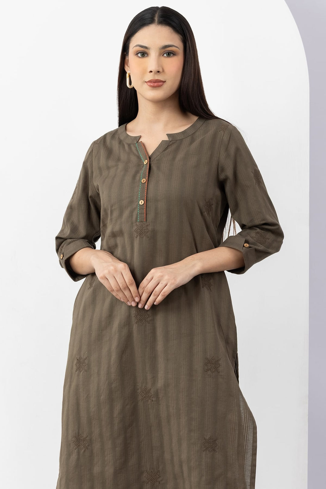 Olive Cotton Dobby Embroidered Kurti with Round Neck