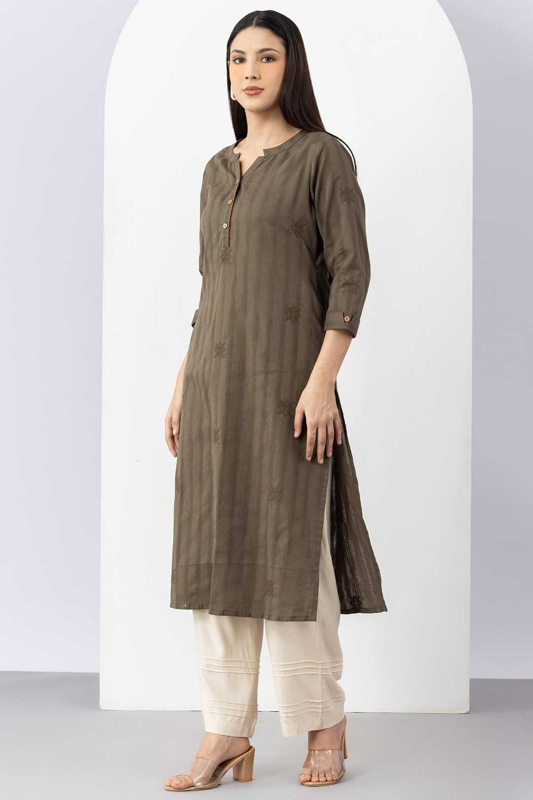 Olive Cotton Dobby Embroidered Kurti with Round Neck