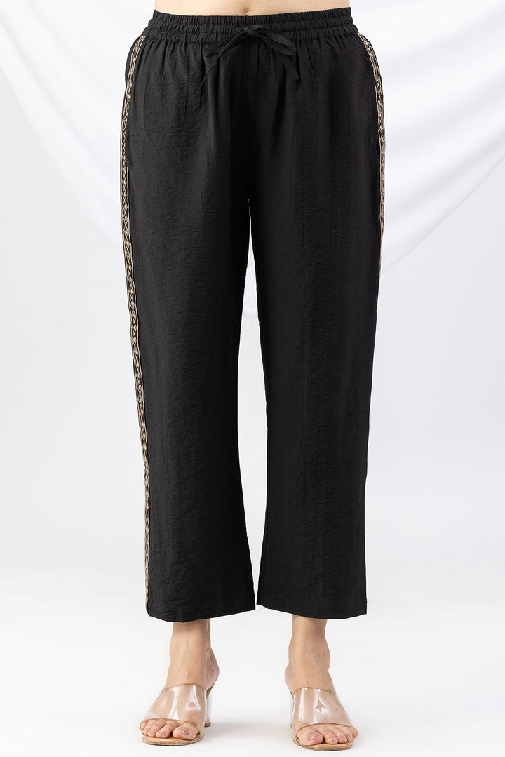 Black Embroidered Viscose Crush Regular Fit Co-Ord Palazzo