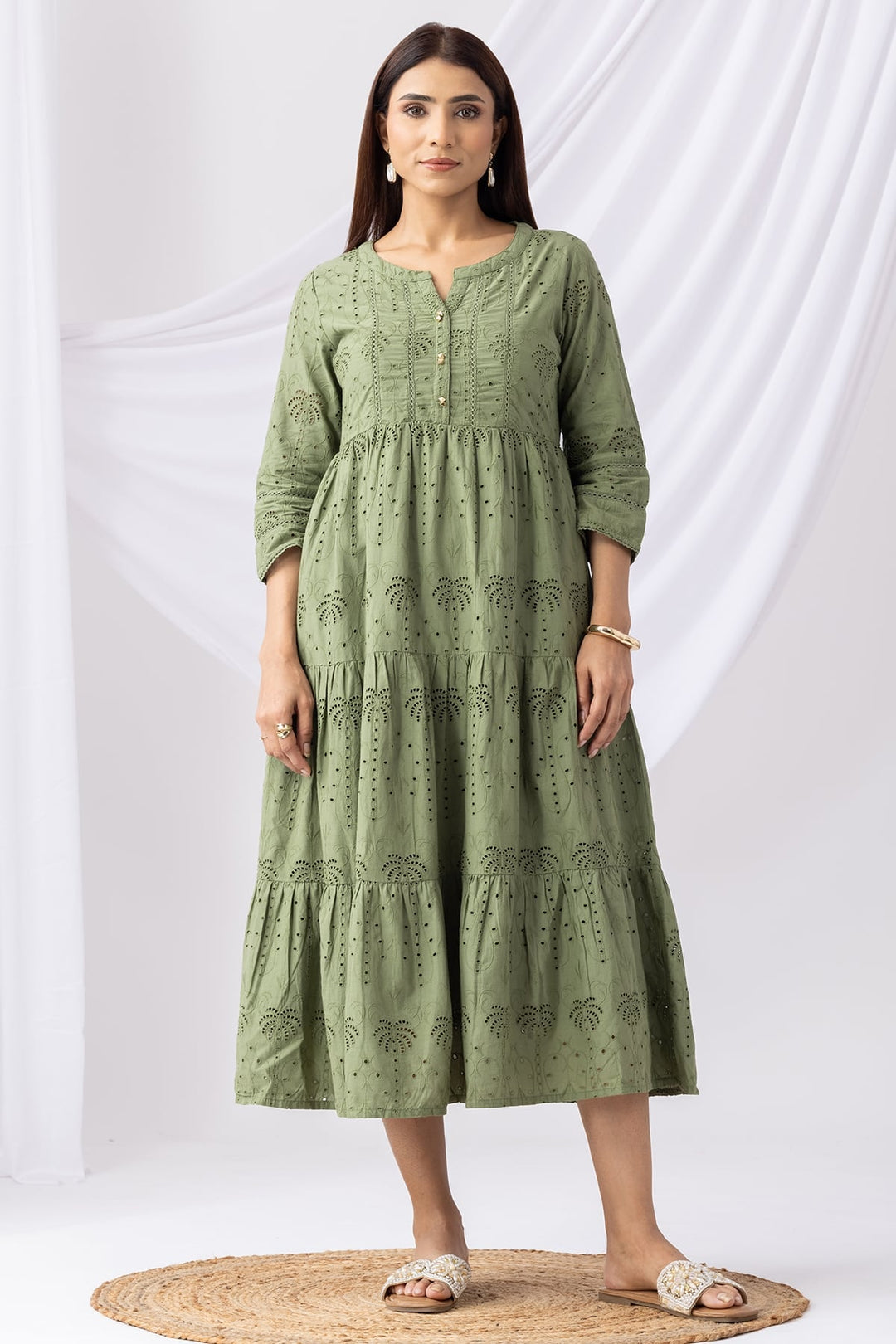 Olive Green Schiffli Embroidered Casual Dress with Round Neck