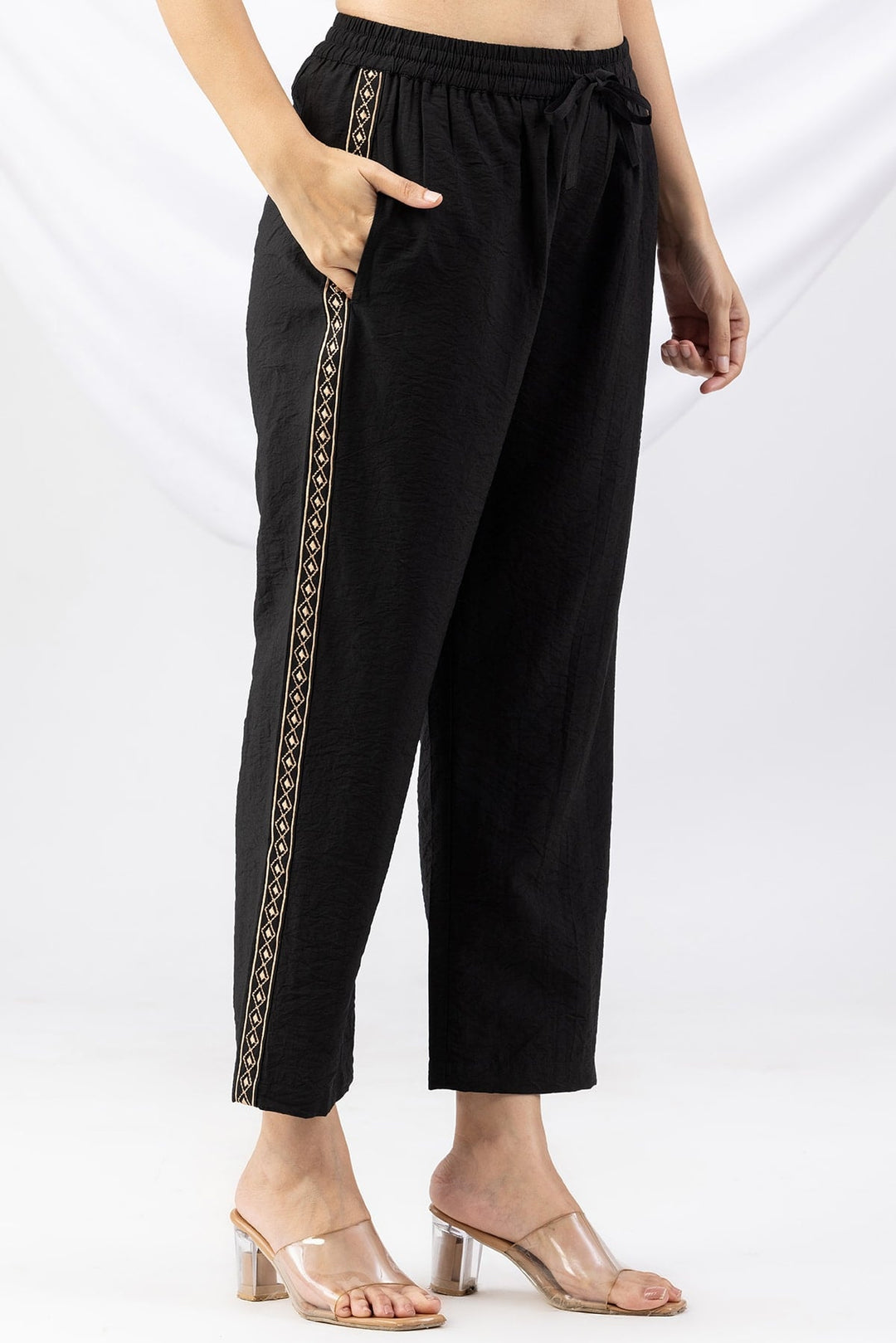 Black Embroidered Viscose Crush Regular Fit Co-Ord Palazzo
