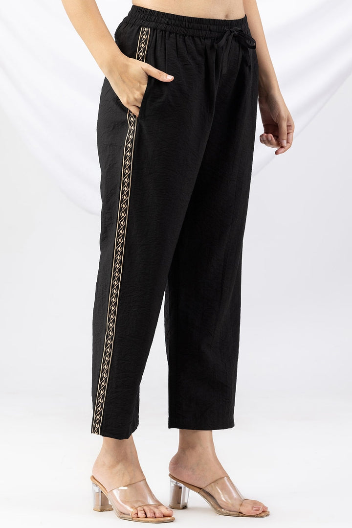 Black Embroidered Viscose Crush Regular Fit Co-Ord Palazzo