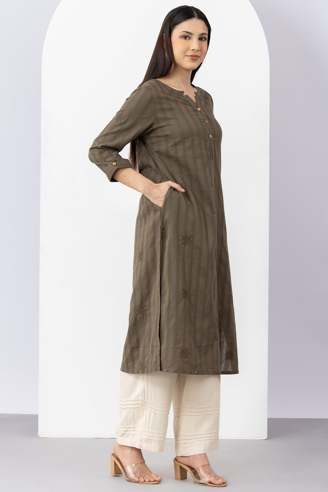 Olive Cotton Dobby Embroidered Kurti with Round Neck