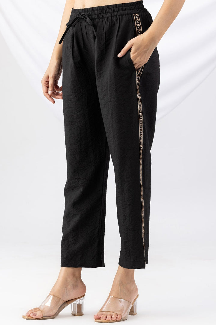 Black Embroidered Viscose Crush Regular Fit Co-Ord Palazzo