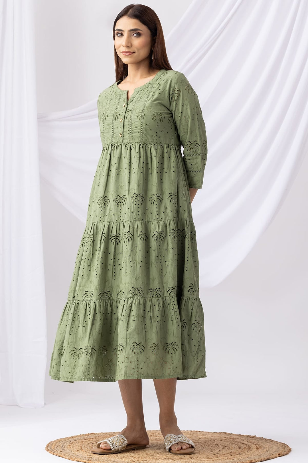 Olive Green Schiffli Embroidered Casual Dress with Round Neck