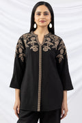 Black Embroidered Viscose Crush Co-Ord Shirt with Mandarin Collar & Bell Sleeves