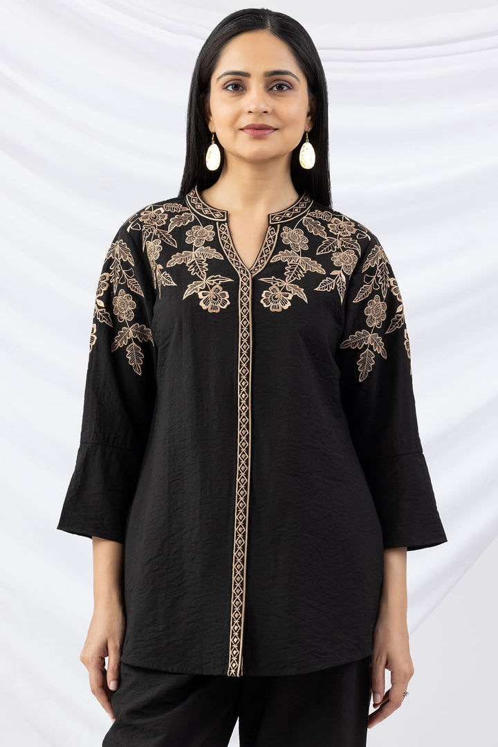 Black Embroidered Viscose Crush Co-Ord Shirt with Mandarin Collar &amp; Bell Sleeves