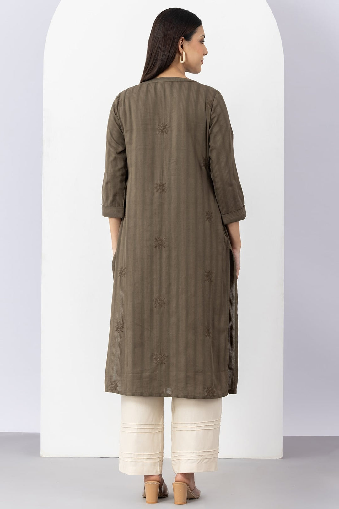 Olive Cotton Dobby Embroidered Kurti with Round Neck