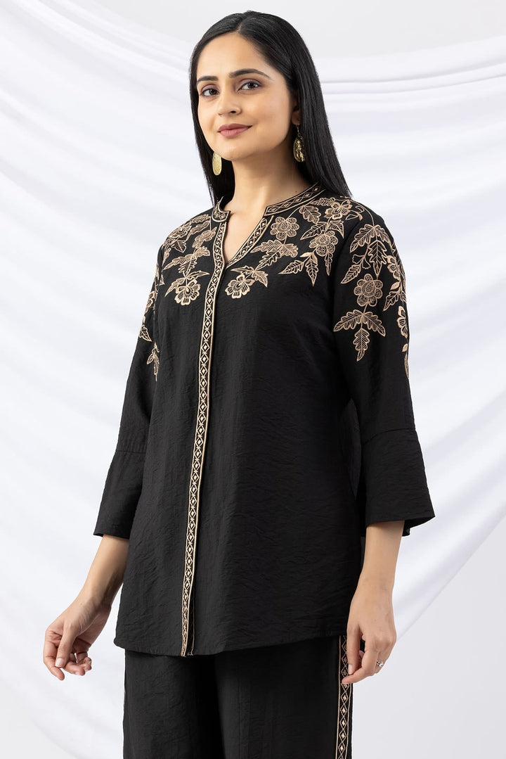Black Embroidered Viscose Crush Co-Ord Shirt with Mandarin Collar &amp; Bell Sleeves