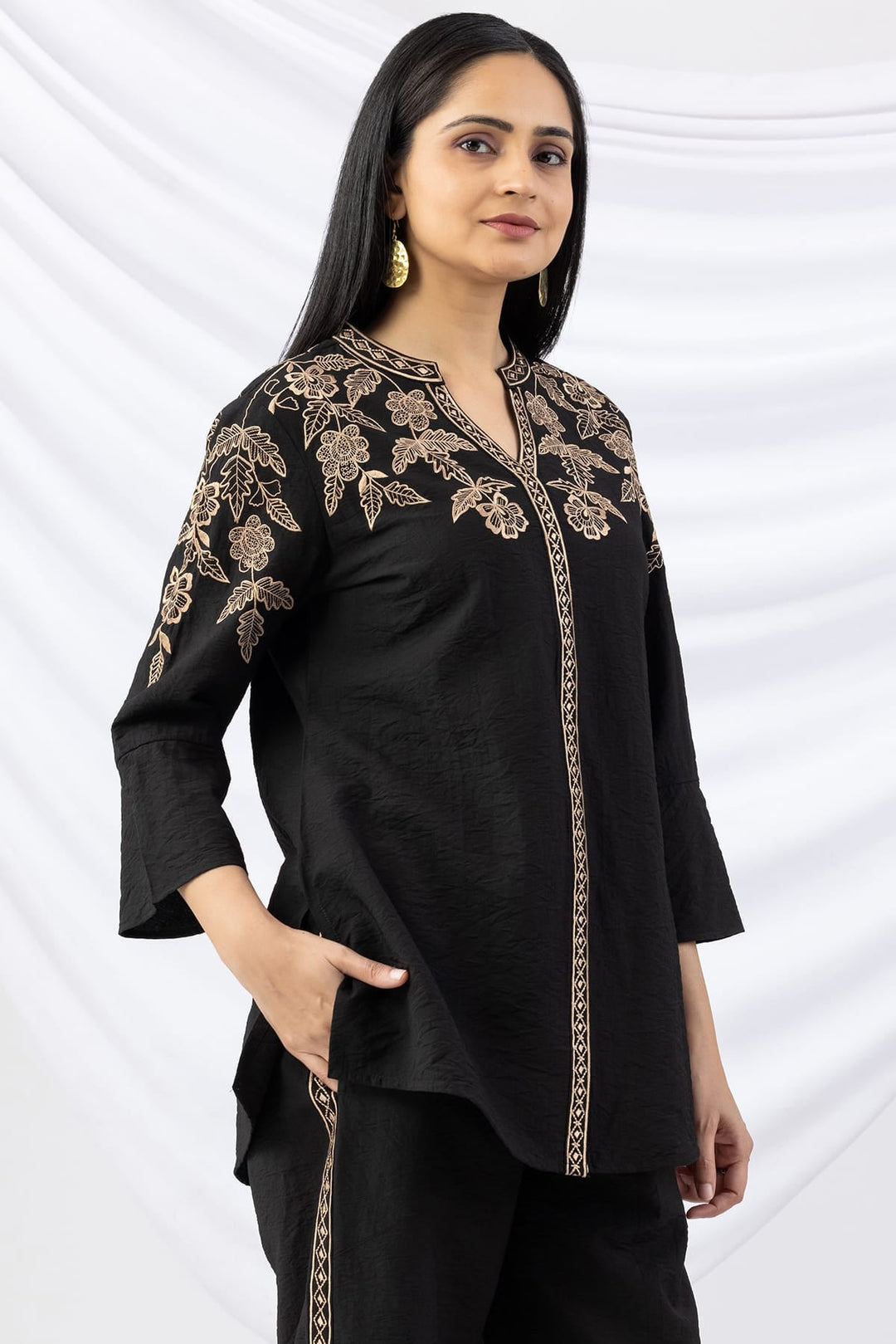 Black Embroidered Viscose Crush Co-Ord Shirt with Mandarin Collar &amp; Bell Sleeves