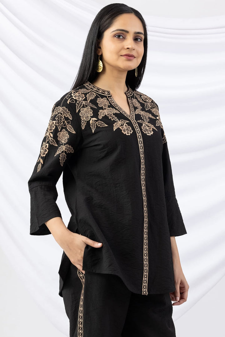 Black Embroidered Viscose Crush Co-Ord Shirt with Mandarin Collar &amp; Bell Sleeves