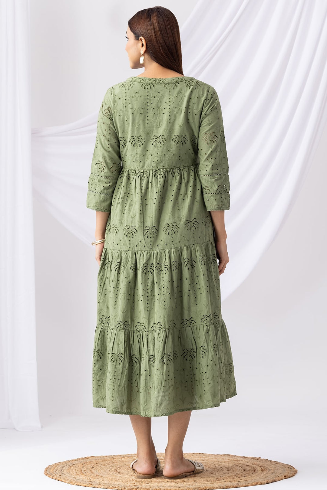 Olive Green Schiffli Embroidered Casual Dress with Round Neck