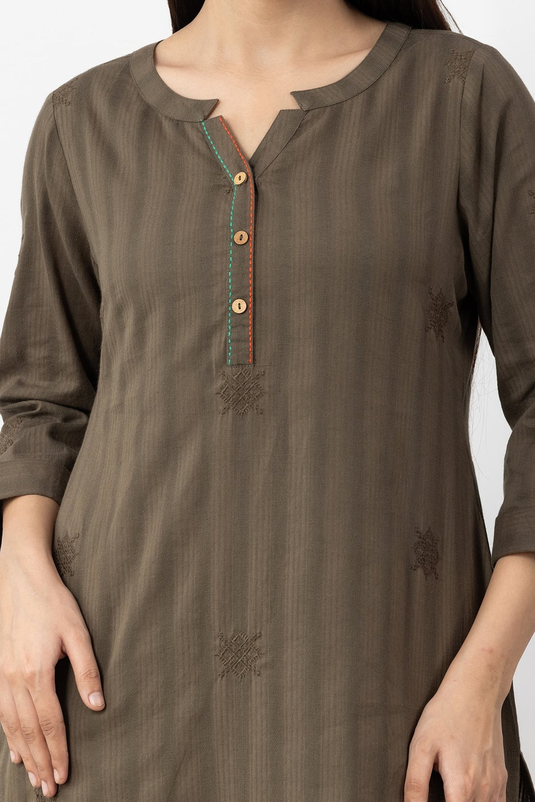 Olive Cotton Dobby Embroidered Kurti with Round Neck