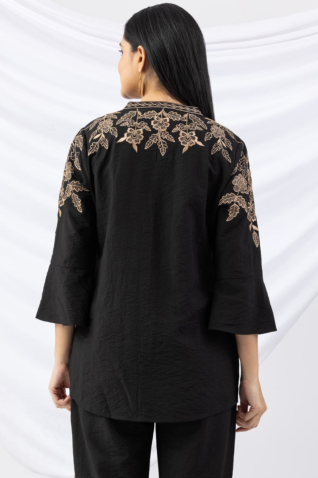 Black Embroidered Viscose Crush Co-Ord Shirt with Mandarin Collar &amp; Bell Sleeves