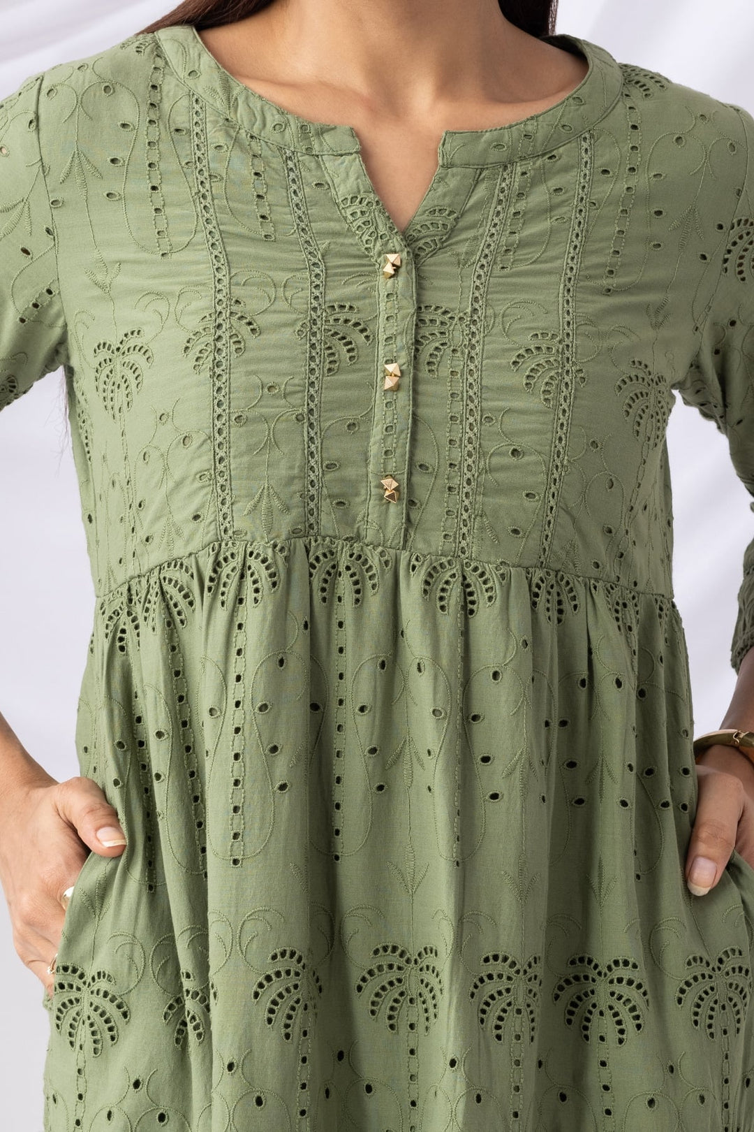 Olive Green Schiffli Embroidered Casual Dress with Round Neck