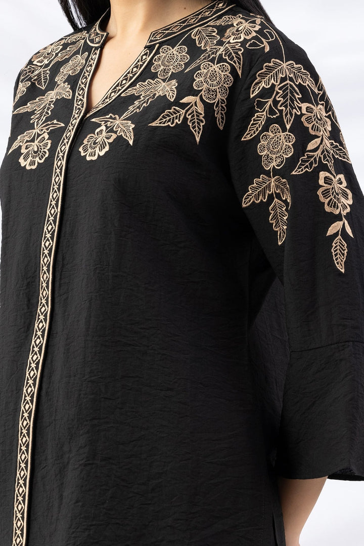 Black Embroidered Viscose Crush Co-Ord Shirt with Mandarin Collar &amp; Bell Sleeves