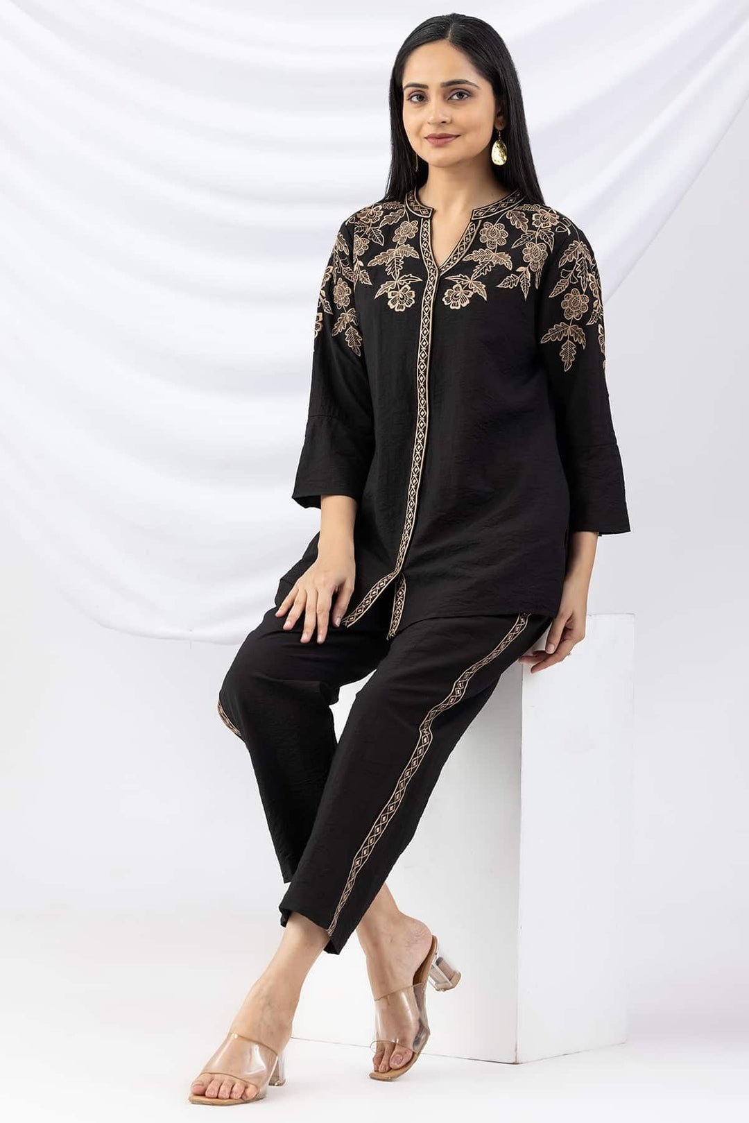 Black Embroidered Viscose Crush Co-Ord Shirt with Mandarin Collar &amp; Bell Sleeves